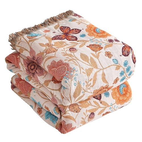 Floral Printed Cotton Boho Throw Blanket for Bed