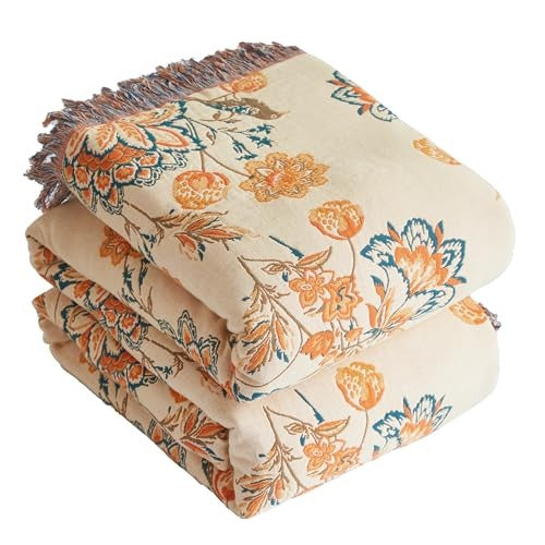 Floral Printed Cotton Boho Throw Blanket for Bed