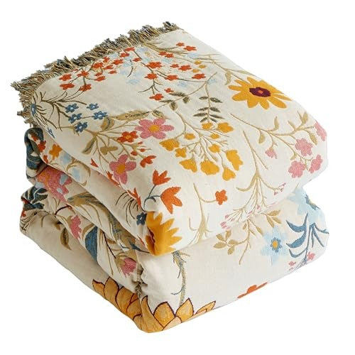 Floral Printed Cotton Boho Throw Blanket for Bed