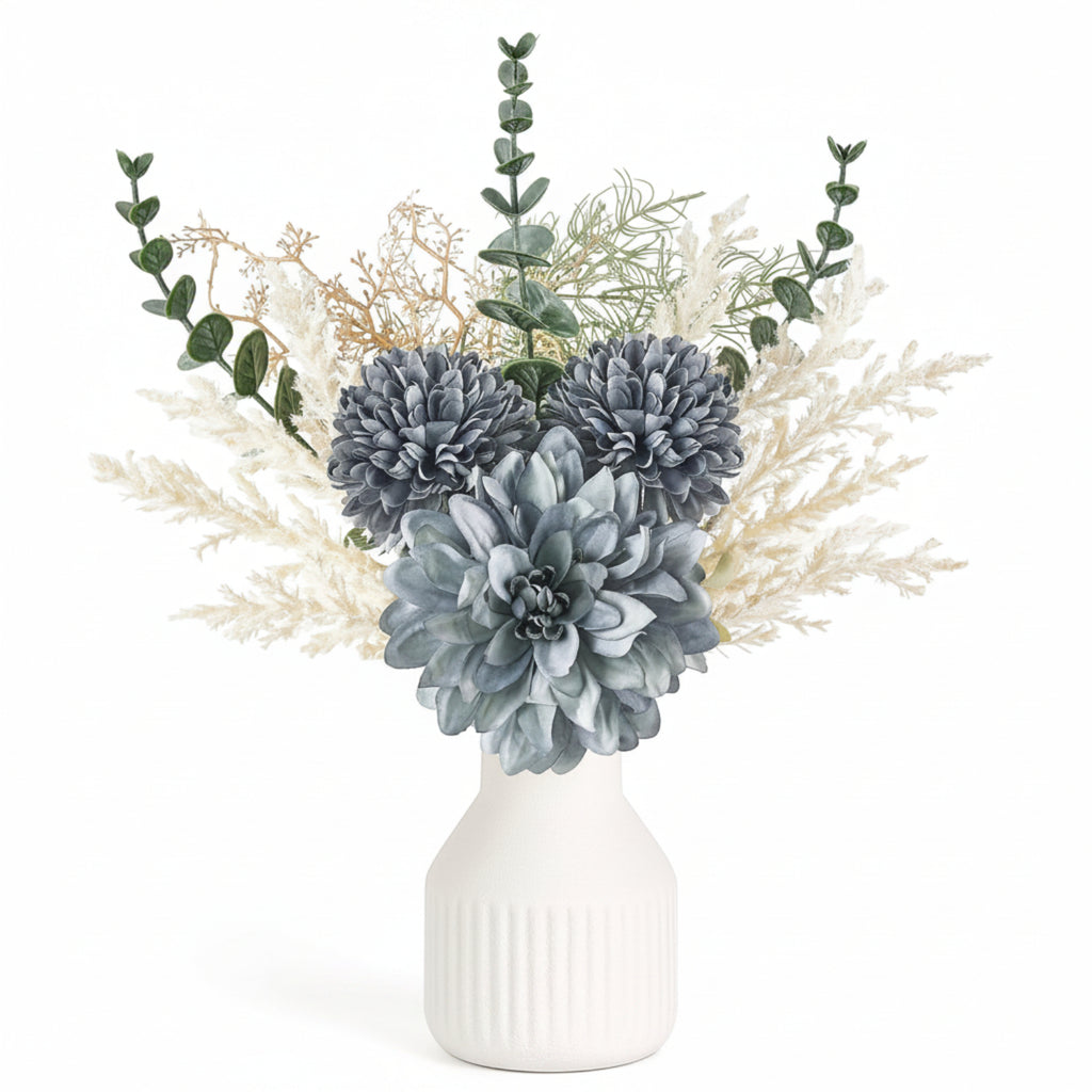 Faux Dahlia and Dandelion Arrangement Ceramic Vase