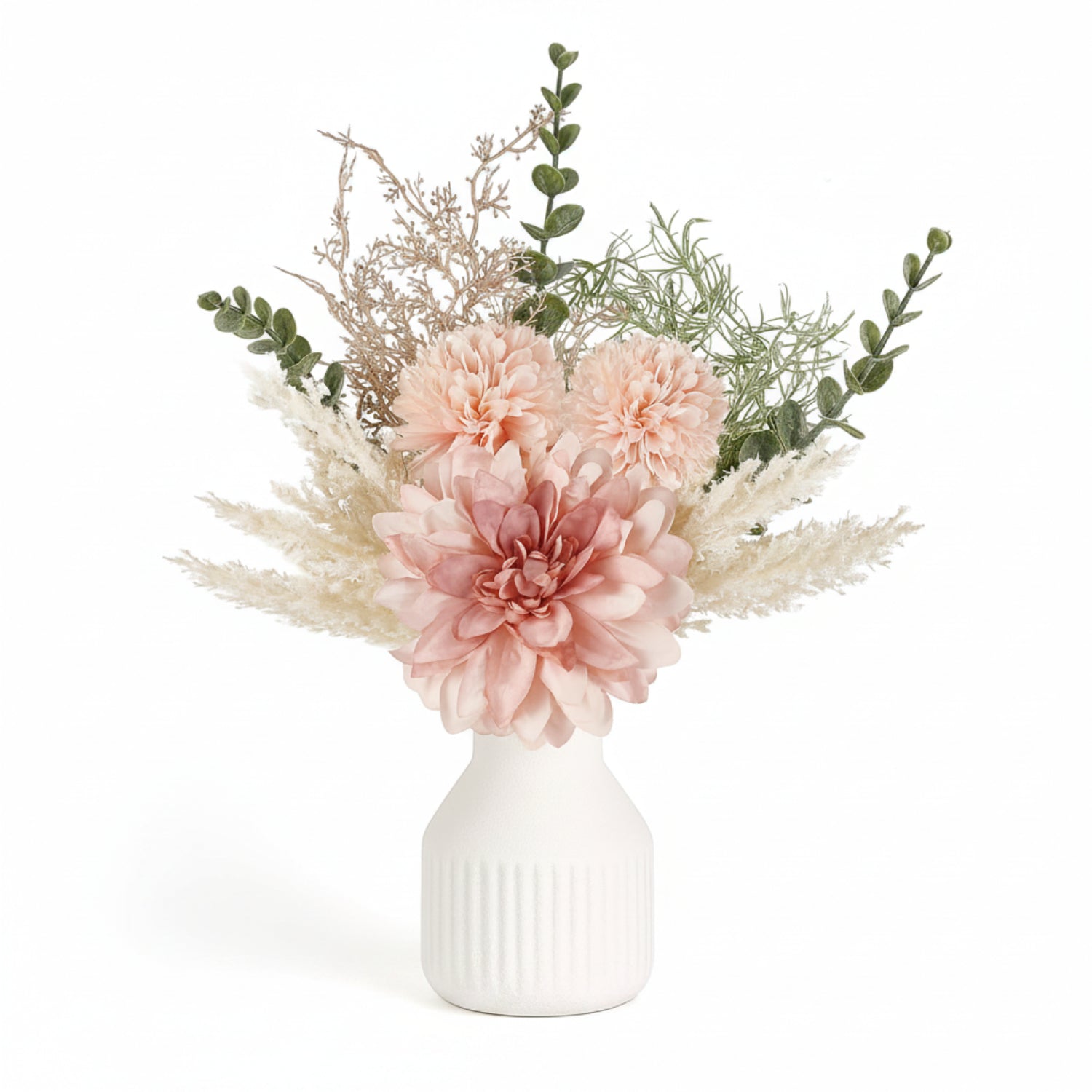 Faux Dahlia and Dandelion Arrangement Ceramic Vase