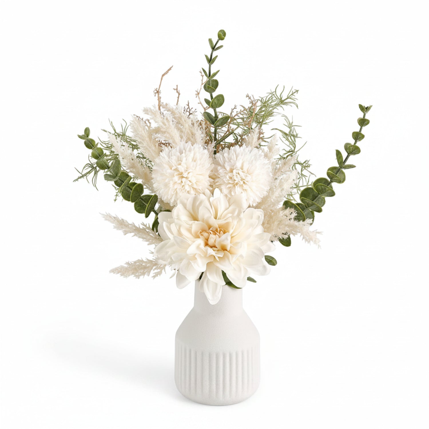 Faux Dahlia and Dandelion Arrangement Ceramic Vase